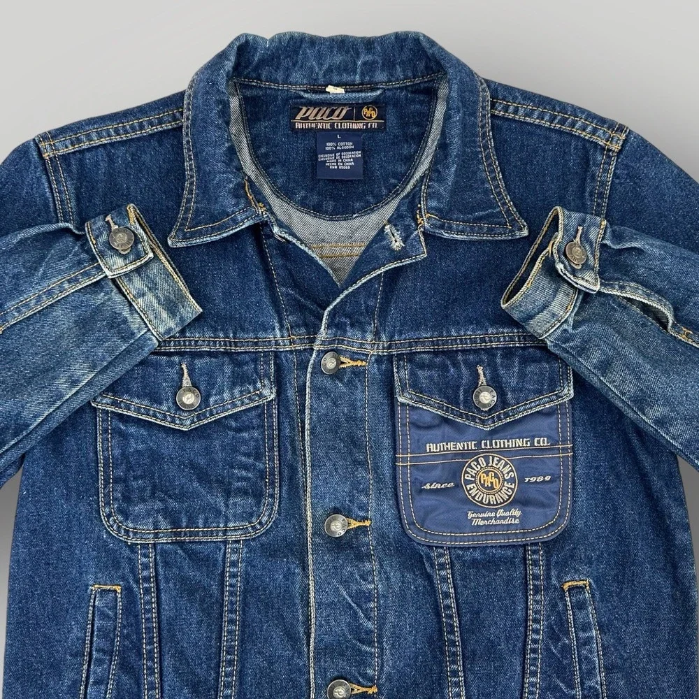 Paco Denim‎ Jacket Youth L Blue Spellout Embroidered 90s Grunge Skater Vintage